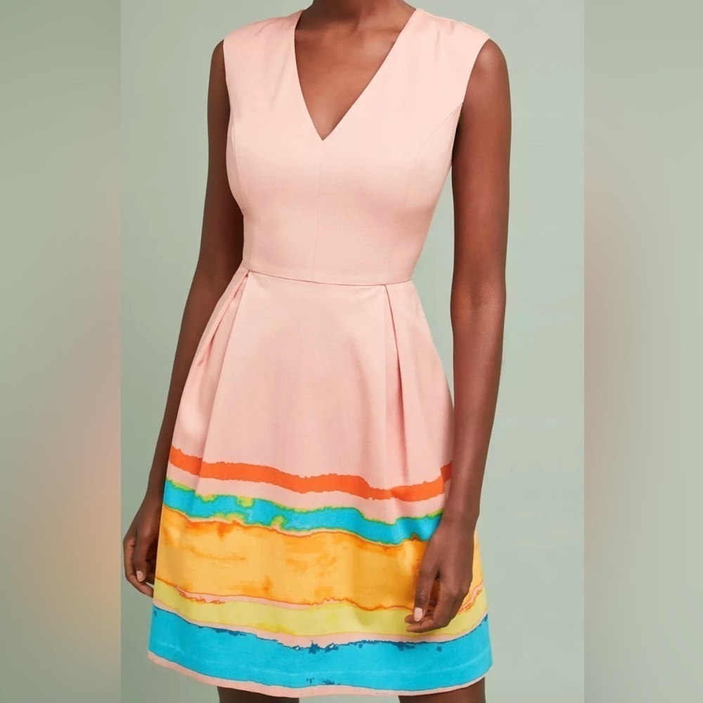 Tracy Reese Peach V-Neck Dress with Orange, Yellow & Turquoise Stripes